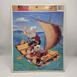 Golden Pinocchio Puzzle Kids Blue Disney Raft Scene Vintage Frame Tray Toy